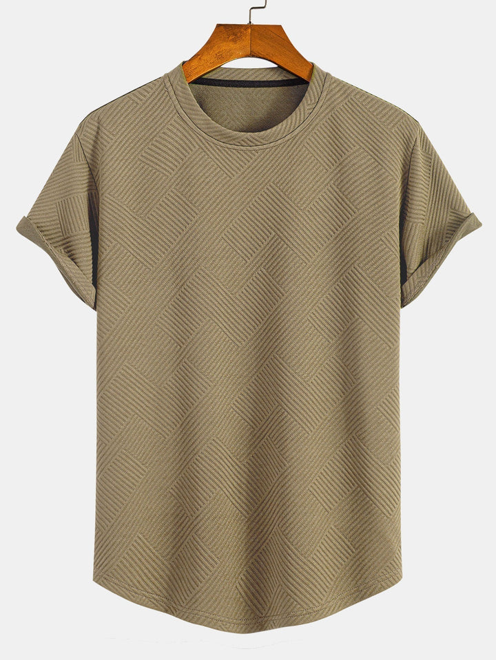 Short Sleeve Striped Jacquard T-Shirt with Curved Hem