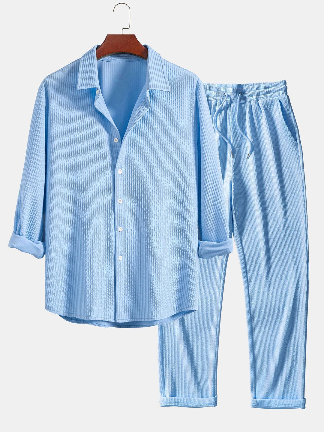Ribbed Long Sleeve Muscle Fit Shirt, Button-Up & Ribbed Straight Leg Pants