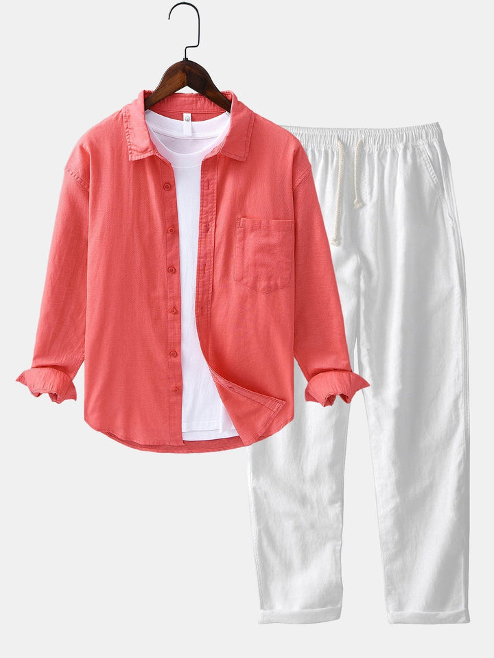 Long Sleeve Linen and Cotton Shirt with Pocket & Straight Leg Linen Pants
