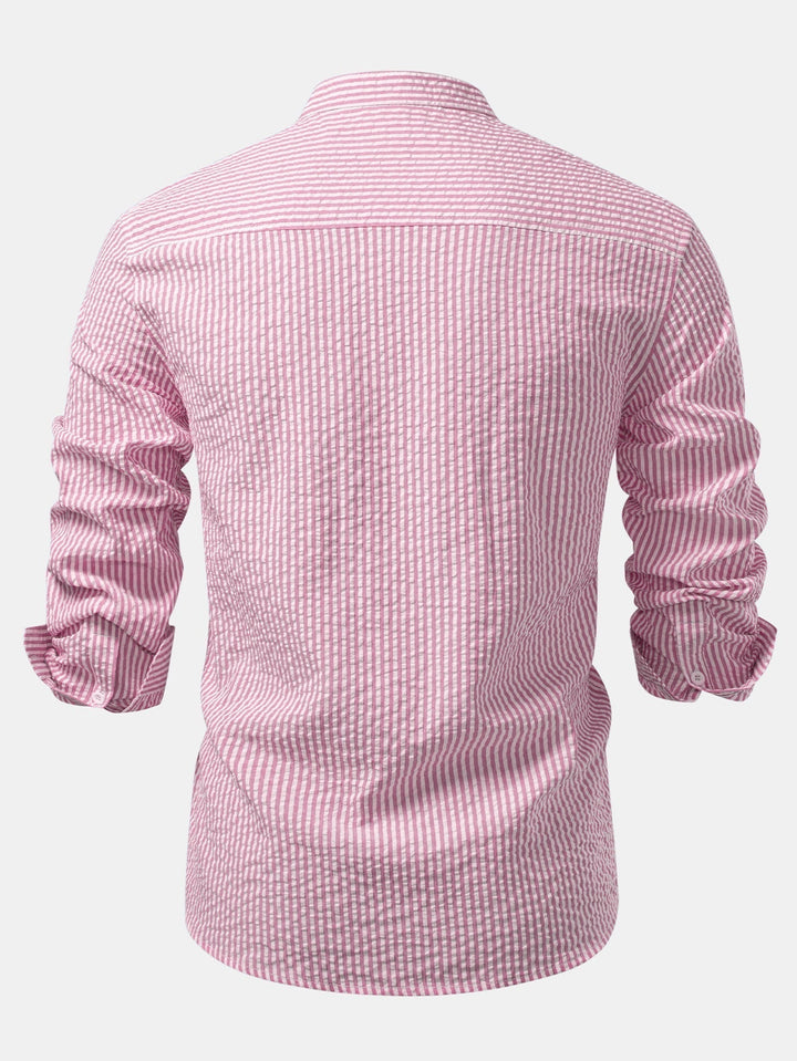 Striped Seersucker Shirt with Stand Collar