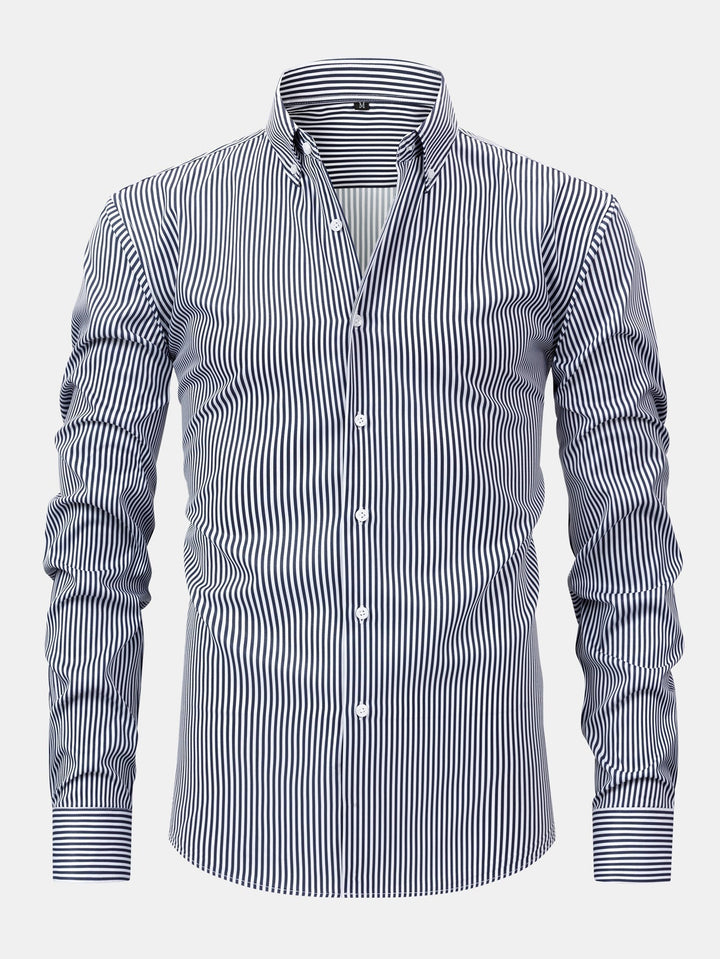 Long Sleeve Striped Shirt with Buttons & Elastic Waist Straight Pants