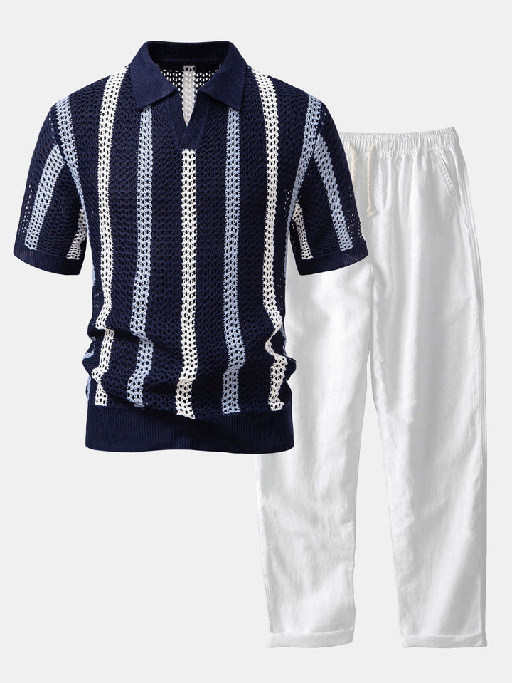 Striped Crochet Polo with V-Neck & Straight Leg Linen Pants